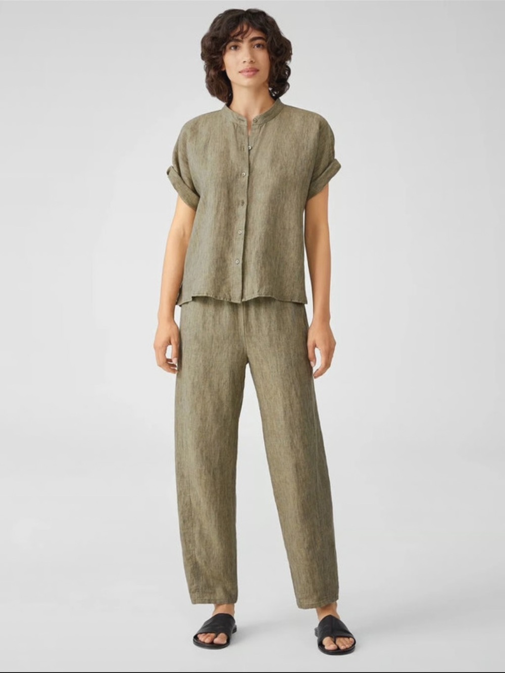 Eileen Fisher Relaxed Olive Green Organic Linen Set Tap and Pants size Medium